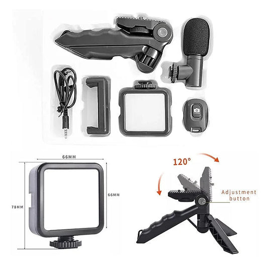 Collection of camera accessories including a microphone, light, and holder on a white background.