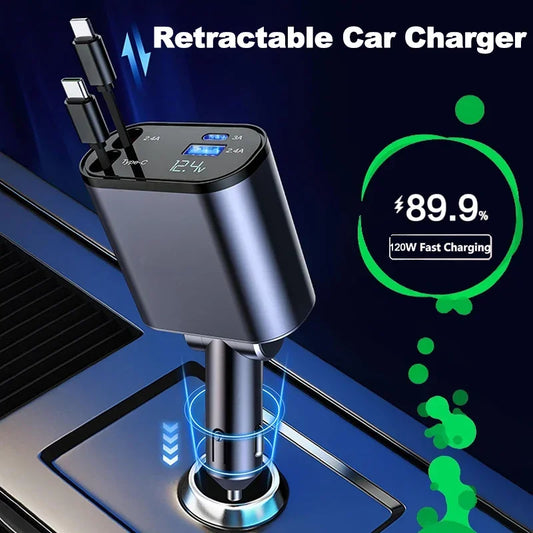 ⚡ 120W Retractable 4-in-1 Fast Car Charger