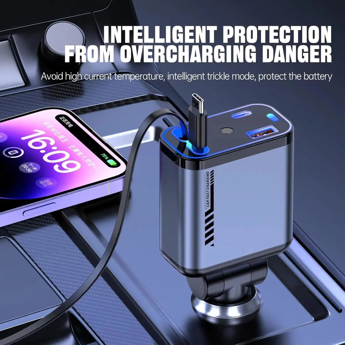⚡ 120W Retractable 4-in-1 Fast Car Charger